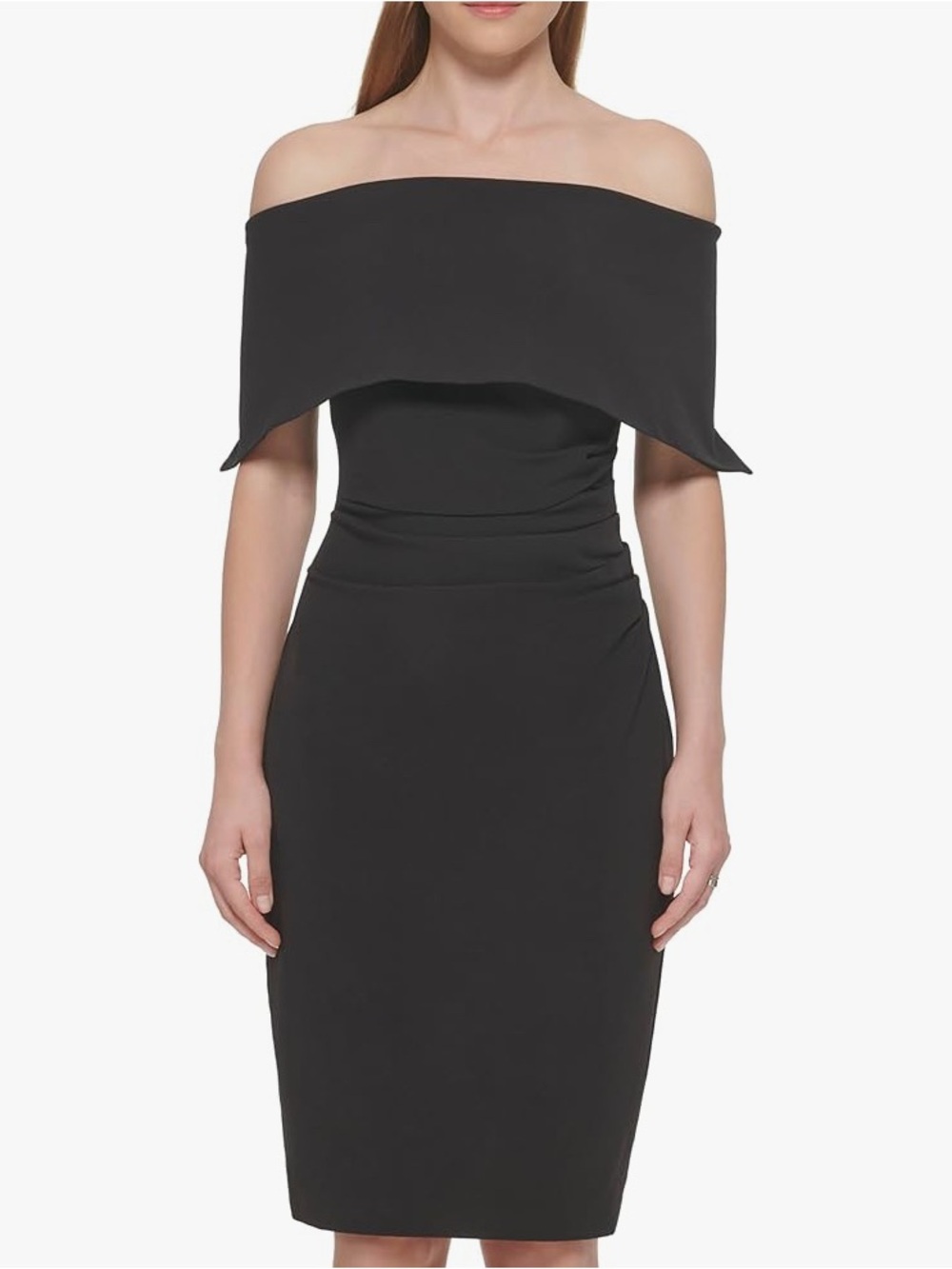 NWT Vince Camuto Womens Sleeveless Off Shoulder Cocktail Midi Dress BLACK ruched